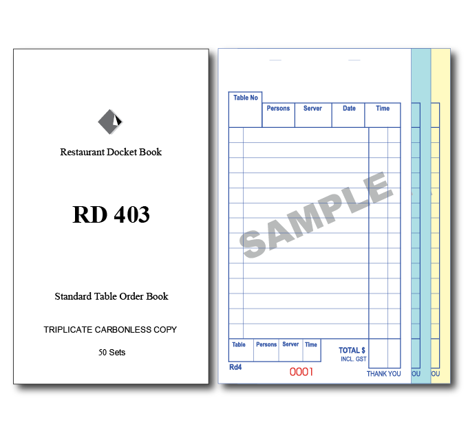 RD403 Standard Table Order Books Triplicate Pages x 50 Sets, 100 Books Per Box