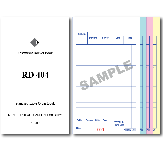 RD404 Standard Table Order Books Quadruplicate Pages x 25 Sets, 100 Books Per Box